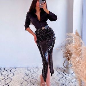 ZARA Ruched Sequin Skirt Black